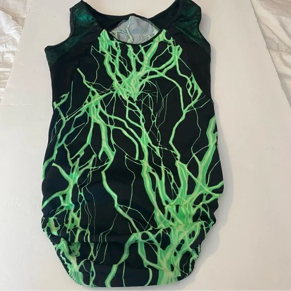 GK gymnastics practice leotard green lightning bolts SA-Small adult